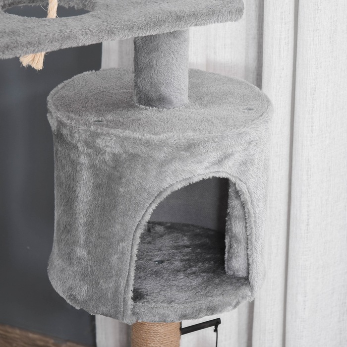 Кігтеточка PawHut дерев'яна висотою 120 см з кошиком Cat Cave Ігровий м'яч для маленьких кішок в світло-сірому кольорі