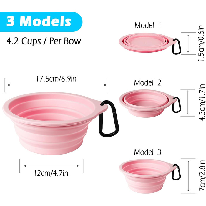 Складні миски для собак PetBonus, 2 шт. Силіконові дорожні миски для води та їжі для собак та котів, з карабіном (Сірий, Кремово-рожевий), 1000 мл