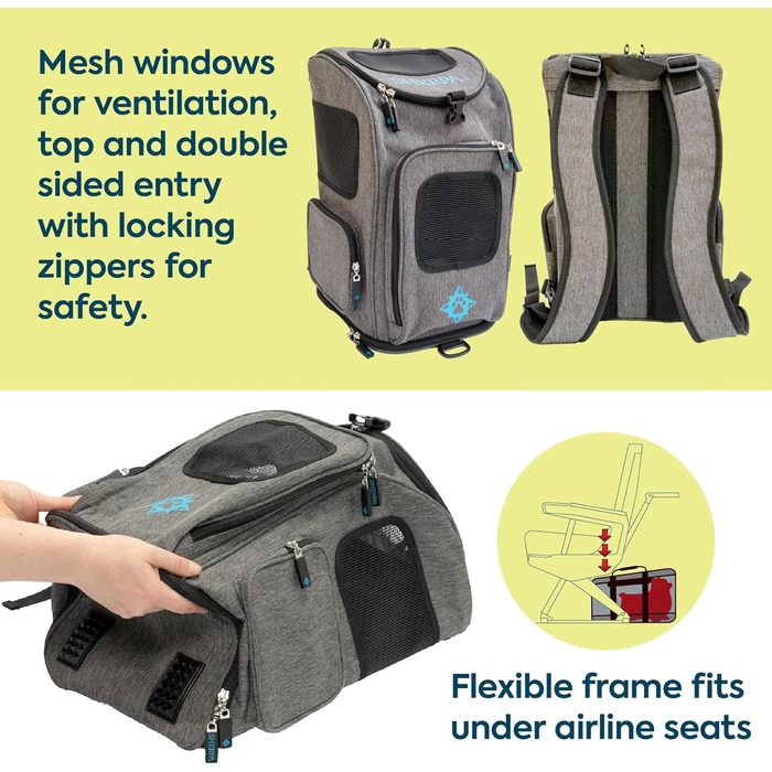 Рюкзак-переноска для тварин Sherpa 2-в-1, сірий, розмір M (43x27x28 см), дозволений авіакомпаніями, машинного прання, з сітчастим вікном, безпечними замками, легким каркасом