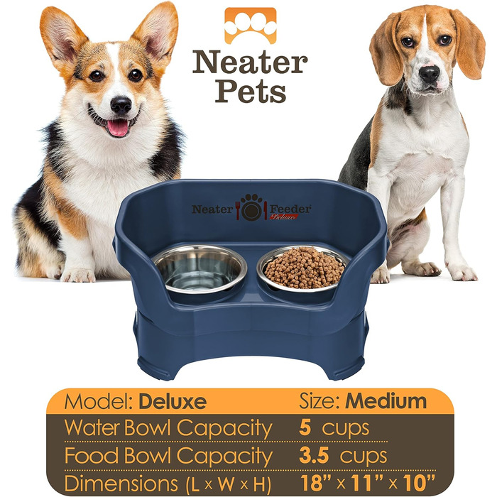 Neater Feeder Deluxe – антиплямові підставки для собак середніх порід, підвищені, з нержавіючої сталі, нековзкі, темно-сині