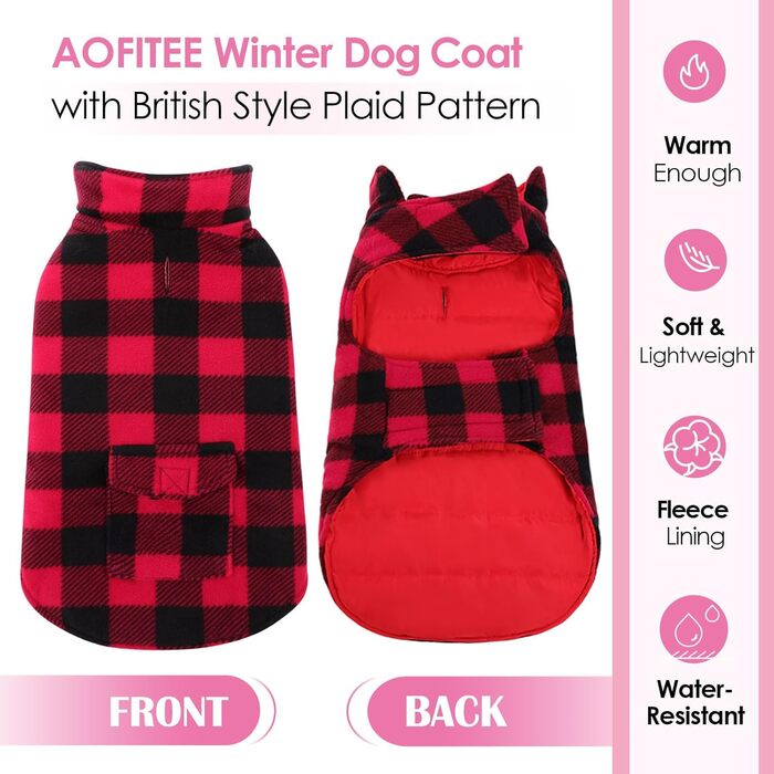 Теплий зимовий одяг для собак великих порід AOFITEE: куртка з отвором для шлейки, кишені, захист живота, червоний, розмір XL