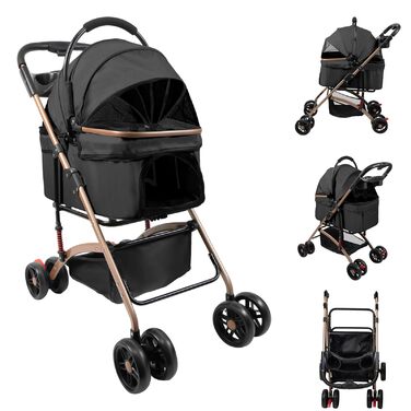 Дитяча коляска для тварин Homewell, чорна, складна, знімний кошик, сітка-вікно, ремені на плече, тримач для напоїв, до 20 кг