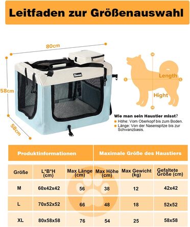 Транспортна переноска для собак та котів XL, 81x58x58 см, складана, з мисками, блакитна