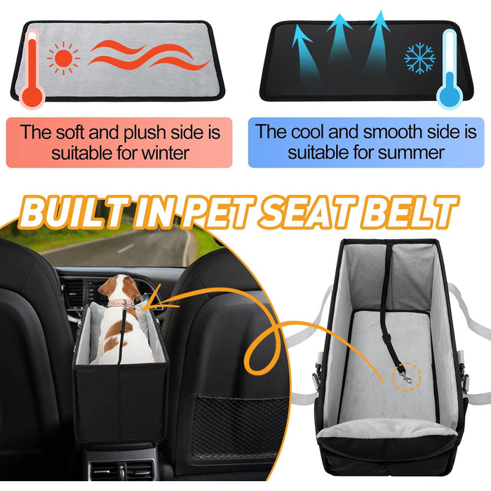 Автокрісло для собак - підставка для маленьких собак, чорна. Зйомний чохол, ремені, безпечна прив'язка, кишеня для зберігання