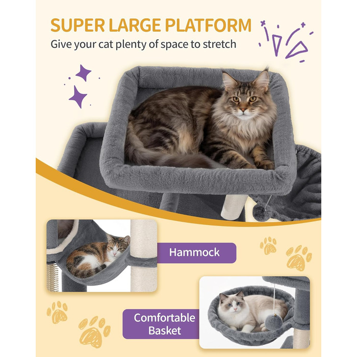 Комплекс для котів Hzuaneri Kratzbaum 213 см XXL: Дряпка-стовпчик, будиночок, платформа, гойдалка для Maine Coon (темно-сірий)