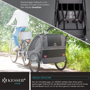 Дитячий велопричіп KESSER® 2в1 з поворотним механізмом 360° та амортизацією. Підходить для 1-2 дітей (до 40 кг). У комплекті прапор. Чорний / Антрацитовий