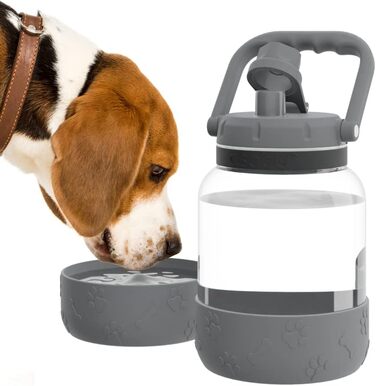 Asobu Barkley - Поїлка з мискою для собак, 1 л, Tritan, сіра | Для піших прогулянок, спорту та фітнесу