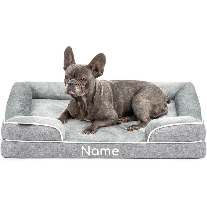 Ортопедичне ліжко для собак Lionto з піднятим бортиком, 89x63x17 см, міцне собаче ліжко з м'яким фланелевим наповнювачем, знімний та пральний чохол, неслизьке, для маленьких та великих собак та котів, сіре (з іменним нанесенням)