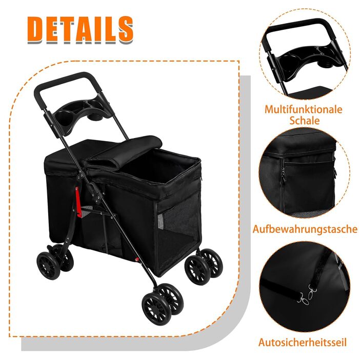 Візок для собак Homewell, візок-каляска для котів/маленьких собак, візок-каляска для дітей, прогулянковий візок для тварин з 2 вікнами на блискавці, тримач для напоїв, до 20 кг (Чорний)