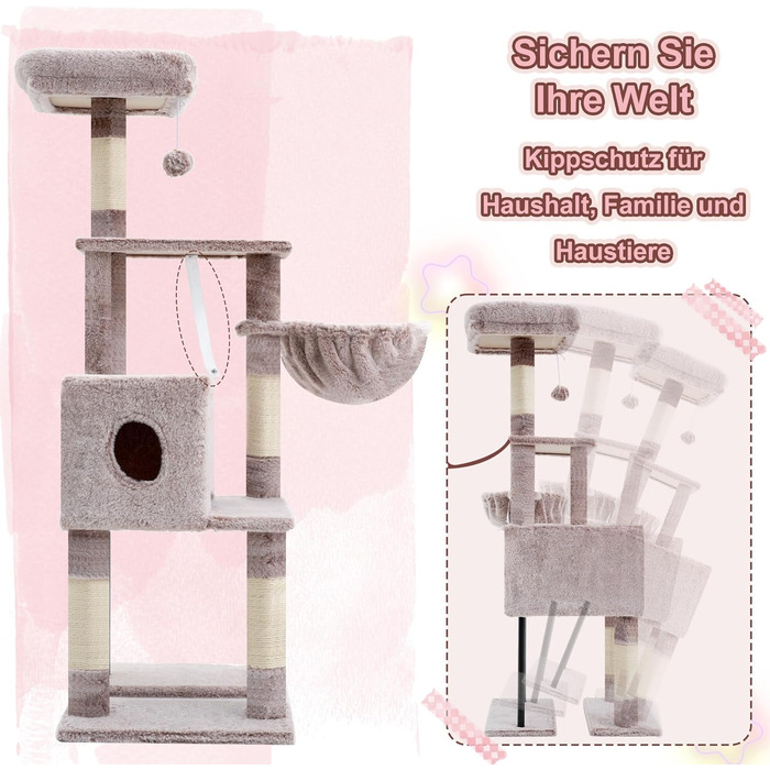 Котячий будиночок Heybly Kratzbaum HCT200SW: зручний когтетоп з будиночком, стійка конструкція 125 см (коричнево-бежевий)