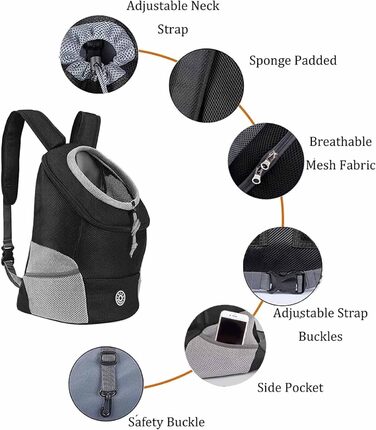 Сумка-переноска для собак та котів, чорна, L, для маленьких/середніх тварин, регульована передня частина, дихаюча, підходить для перельотів