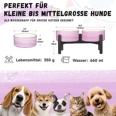 Керамічна годівниця для собак на підставці з нержавіючої сталі - подвійна годівниця для маленьких та середніх собак - неслизький набір мисок для корму та води - 350г / 660мл - 15см - (Фіолетовий)