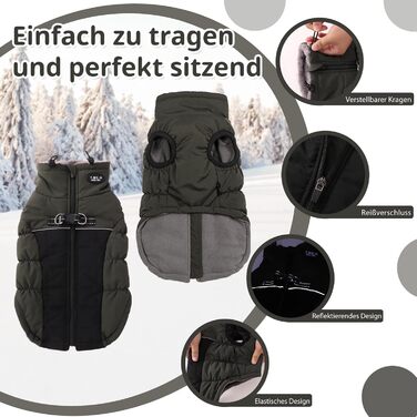 Теплий зимовий одяг для собак: вітронепроникний теплий одяг для собак з світловідбиваючими елементами, з блискавкою, зелений, XL