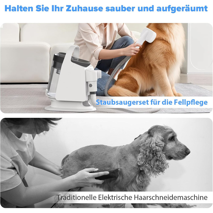 Машинка для стрижки собак зі вбудованим пилососом, 13000Pa, тиха, для собак та котів, 7 насадок, контейнер для сміття 2L