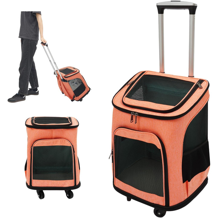 Транспортна переноска для собак та котів з колесами, складана, рюкзак для тварин з телескопічною ручкою, переноска для великих котів та маленьких собак з дихаючою сіткою, рюкзак для домашніх тварин до 9 кг (Помаранчевий)