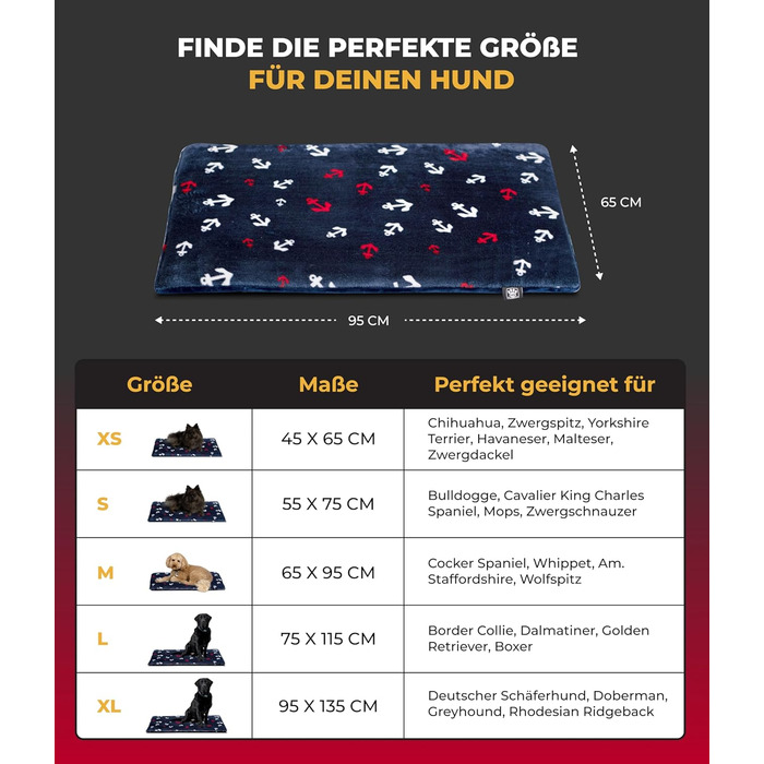Лежак для собак HS-Hundebett® середній 65x95 см, двосторонній, м'який, 3 см наповнювач, для дивану, авто і переноски, анкер синій, вироблено в Німеччині