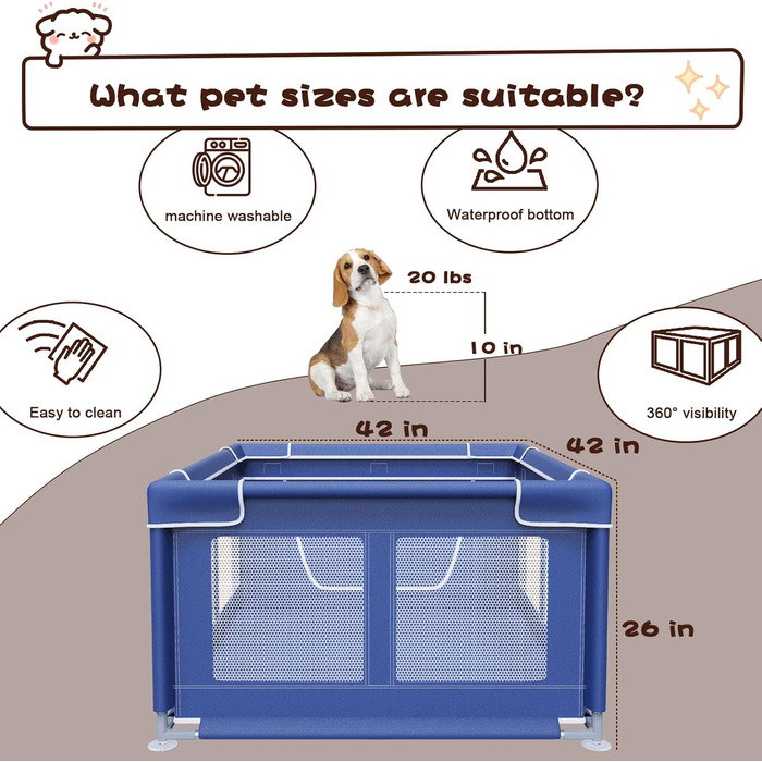 Вольєр для собак HOHOMETIC 42x42 дюймів, вольєр для цуценят з воротами, для малих та середніх собак, вольєр для домашніх тварин для використання в приміщенні та на вулиці, блакитний