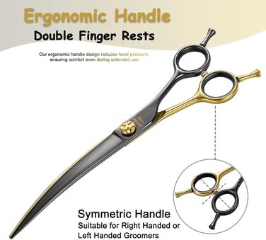 Професійна вигнута ножиця для грумінгу собак, з декоративним гвинтом, гостра та довговічна, японська сталь 440C, безпечна закруглена кінчик, 19,1 см, чорний та золотий колір