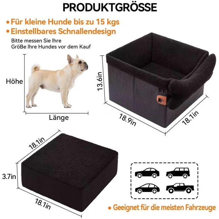 Автокрісло для собак - велике, чорне/сіре, з кишенями та поворотком, для собак середніх та великих порід