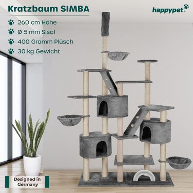 Дряпак для котів HAPPYPET Simba XXL до стелі 260 см, сірий, з будиночками, сходами, лежанками, 9 см стовпи, стабільний, багато аксесуарів