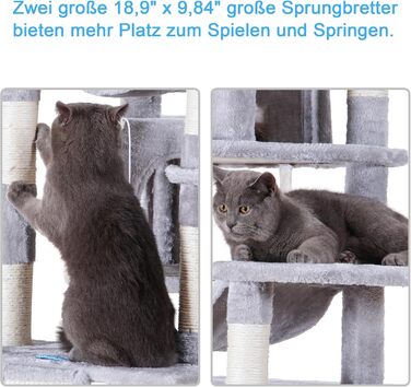 Великий котячий будиночок Hey-brother Kratzbaum XXL, 180 см, сірий. Стабільний котячий комплекс з сизалевим мотузком, великою дряпалкою, корзиною, 3 платформами та 2 будиночками. EMPJ034W