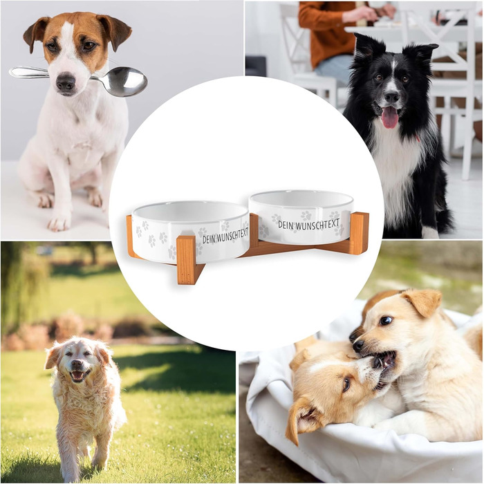 Персоналізована годівниця для собак OWLBOOK з іменем або текстом, подвійний набір мисок з кераміки та бамбуковим каркасом, 300 мл