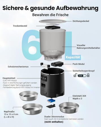 Автоматичний годівниця для котів з Wi-Fi та таймером, 6 л / 25 чашок, 3 миски, 3 пакети силікагелю, система проти застрягання, 2.4G Wi-Fi, запис голосу 10 секунд, чорний
