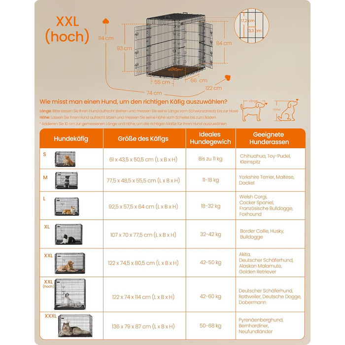 Клітка для собак Feandrea, розкладна, з 2 дверцятами, висувна миска, 122 x 74 x 114 см, XXL, чорна