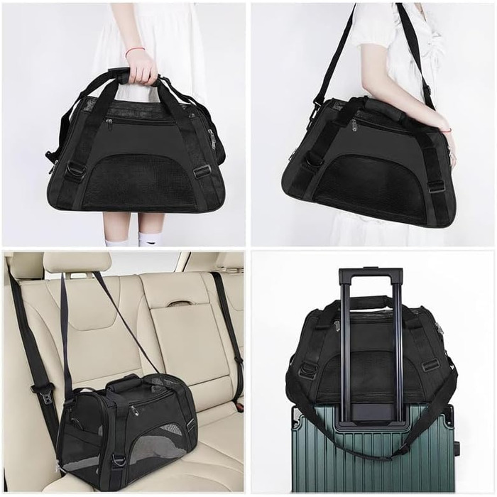 Транспортна сумка для котів та собак, L (50 x 23 x 34 см), чорна, водонепроникна, з сітчастими вікнами