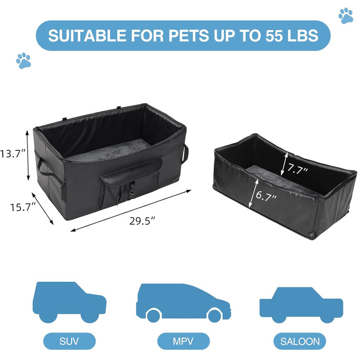 Підвищення для собак у автомобіль, для 2 маленьких або середніх собак, з ременями безпеки, PU-шкіра, водовідштовхувальне, антибактеріальне