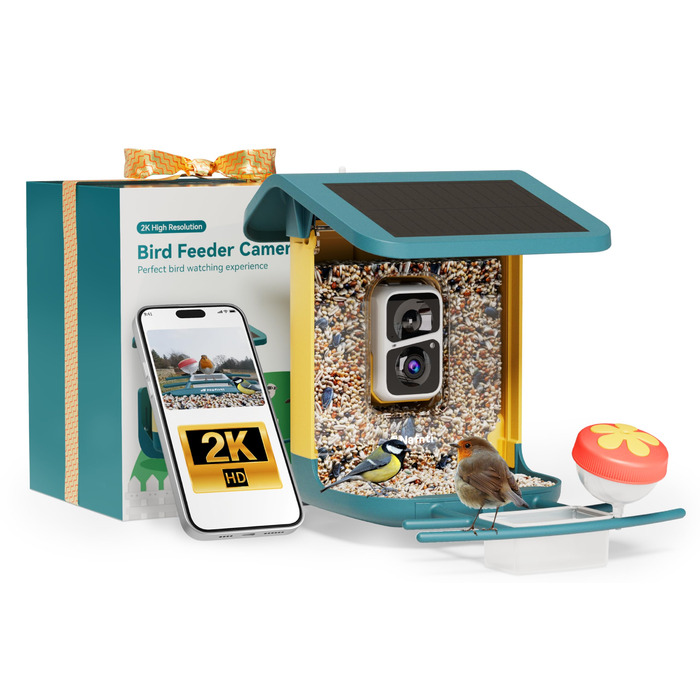 Сонячна годівниця для птахів з камерою 2K, з AI розпізнаванням понад 10 000 видів, об'єм 1.8L, IP65 водонепроникна, Wi-Fi 2.4 GHz/5 GHz, нічне бачення, подарунок для любителів птахів