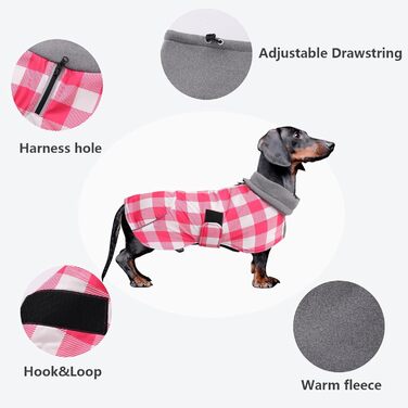 MOREZI Водонепроникна зимова куртка для собак, з флісовою підкладкою, для такс та інших порід, у клітинку рожевого кольору, з регульованим поясом та світловідбиваючими елементами, розмір XS (довжина спини 29-32 см)