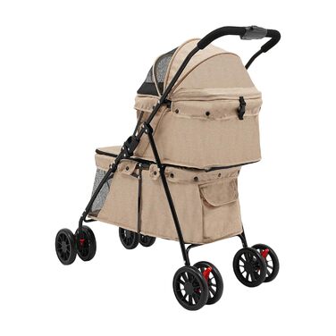 Транспортна візок для домашніх тварин 2-ярусний для собак та котів, складаний, з сітчастими вікнами, гальмом та сумкою для зберігання, стабільний каркас з вуглецевої сталі, до 40 кг, 95 * 60 см (Хакі)