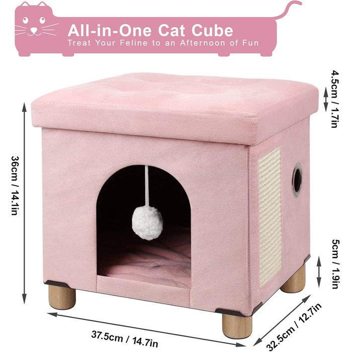 Кігтечка-будиночок для котів Brian & Dany з ігровим м'ячиком та дряпалкою, рожевий, 37,5 x 32,5 x 36 см