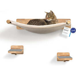 WOOWOOD® Стіна для котів із масиву дерева з 2 сходами, гамаком і когтеточкою – настінний комплекс для котів, меблі для лазіння, кріплення на стіну