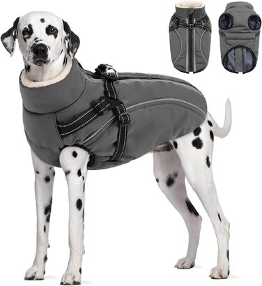 Теплий зимовий одяг для собак. Вітронепроникний куртка з блискавкою, світловідбиваючими смугами та нагрудником для малих, середніх та великих собак. Сірий колір, розмір XL