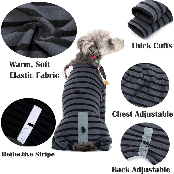 Зимовий теплий одяг для собак: теплий пуловер з бавовни, смугастий, регульований, світловідбиваючий, для малих та середніх собак, сірий, розмір M