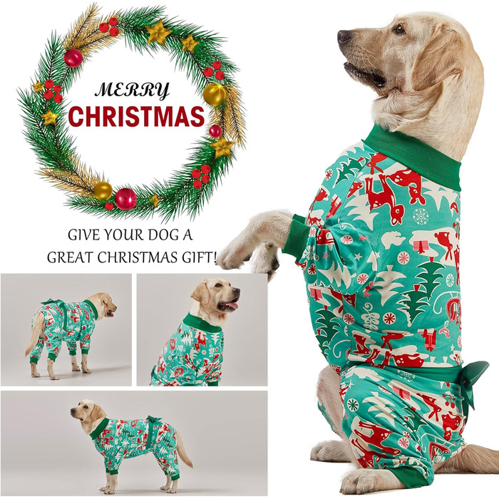 Піжама для великих собак на Різдво, святковий костюм, легкий пуловер з принтом 'Водні крила', великий собачий комбінезон, різдвяний набір XXL, зелений