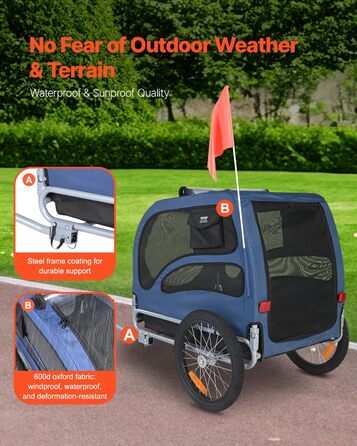 VEVOR Причіп для собак, вантажопідйомність до 45,4 кг, легкий, складна конструкція, універсальний кріплення, відбивачі, прапор