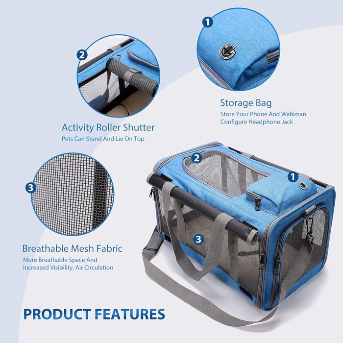 Транспортна переноска для котів та собак PETCUTE, 9 кг, складана, з плечовим ременем, для подорожей та кемпінгу (Блакитна)