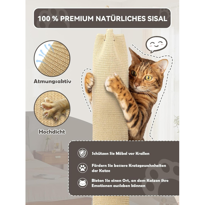 Кліматизатор для котів BSWAY 16x16x240 см, котяче канатне дерево, мішок з сизалю, котячий кліматизатор з гачками та наповнювачем