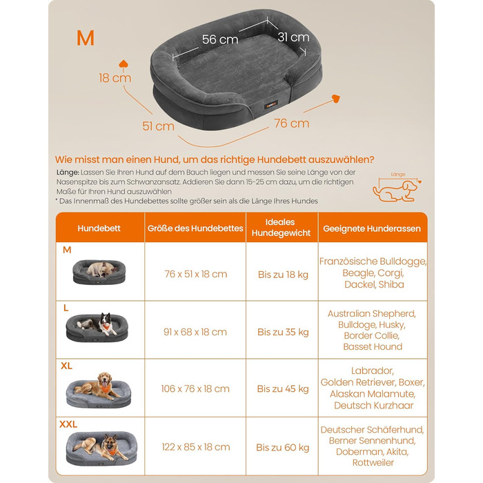 Feandrea лежанка для собак, ортопедична, 76 x 51 x 18 см, сірий колір, для середніх собак, знімний, водонепроникний чохол, протиковзна