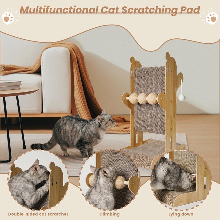 Кігтеточка YEMOO для котів, двостороння з картону, T-подібна, вертикальна, для захисту стін та диванів, з 3 сизалевих кульок та 2 плюшевих іграшок (Burlywood)
