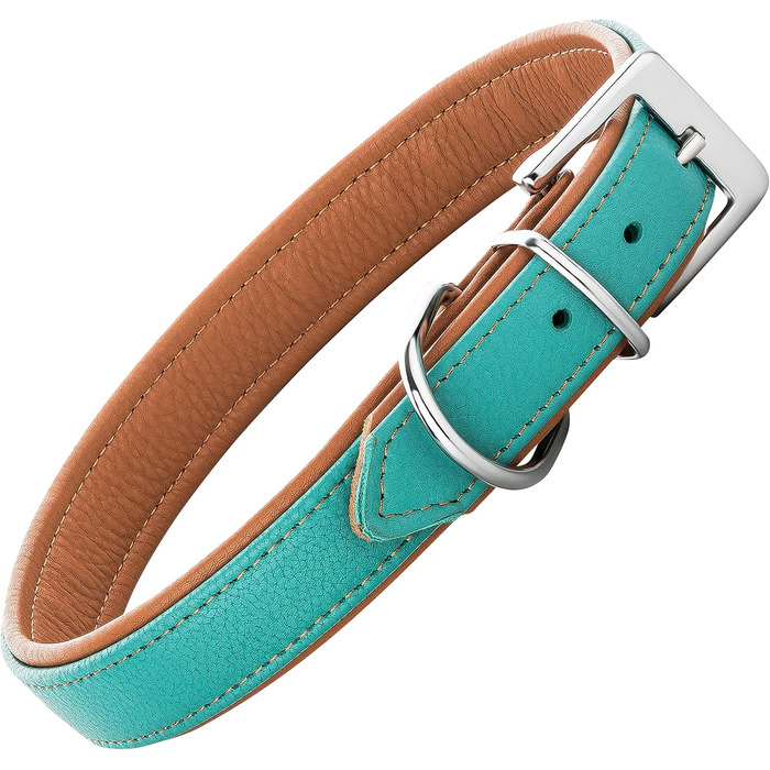 Шкіряне нашийник для собак Fun Line - великий, середній та маленький розмір - м'який та міцний (M, 28-36 см, Турквіз-Коричневий)
