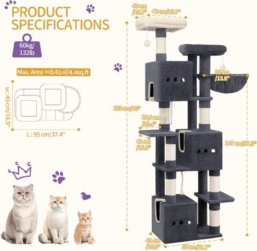 Великий котячий будиночок-кліматизатор, 193 см, XXL, з 7 стовпчиками для шліфування, 3 будиночками, 2 платформами, 2 плюшевими кульками, корзиною, мотузкою для лазіння, багатоповерховий, MS19218LG (темно-сірий)