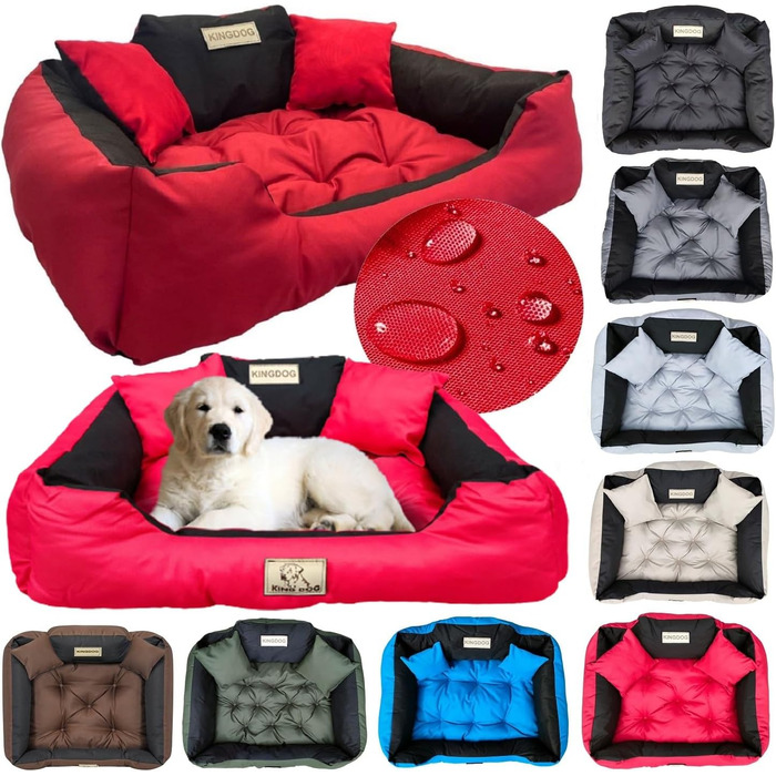 Крісло-ліжко для собак середніх порід King Dog, 75 x 65 см, миється, з можливістю персоналізації (ім'я), водонепроникний матеріал, силіконова наповнювач, червоний колір