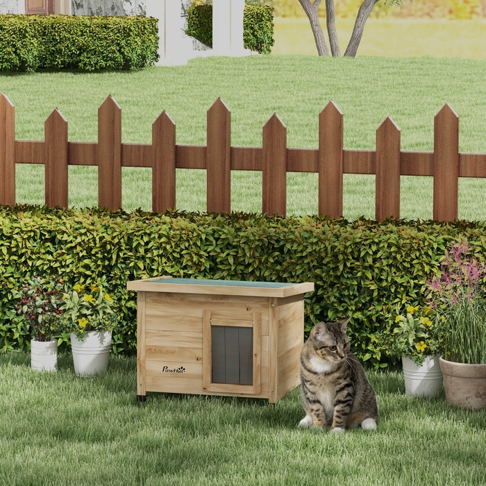 Дерев'яний будинок для котів PawHut, вулична будка з жовтою шторкою, жовтий