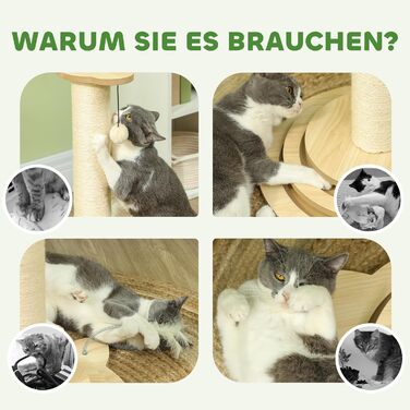 Котячий кігтеточки PawHut 4-в-1 з сизалю, 69 см, з іграшкою, для дому, дуб, 45 x 45 x 69 см