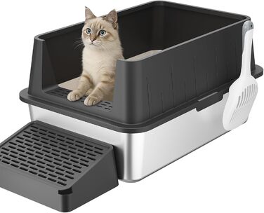 Котлочистка LifeWit 28л з нержавіючої сталі, відкрита, 60x40x30 см з совком та педаллю. Котлочистка XXL для великих котів, без кришки, для вітальні, спальні (Чорний)