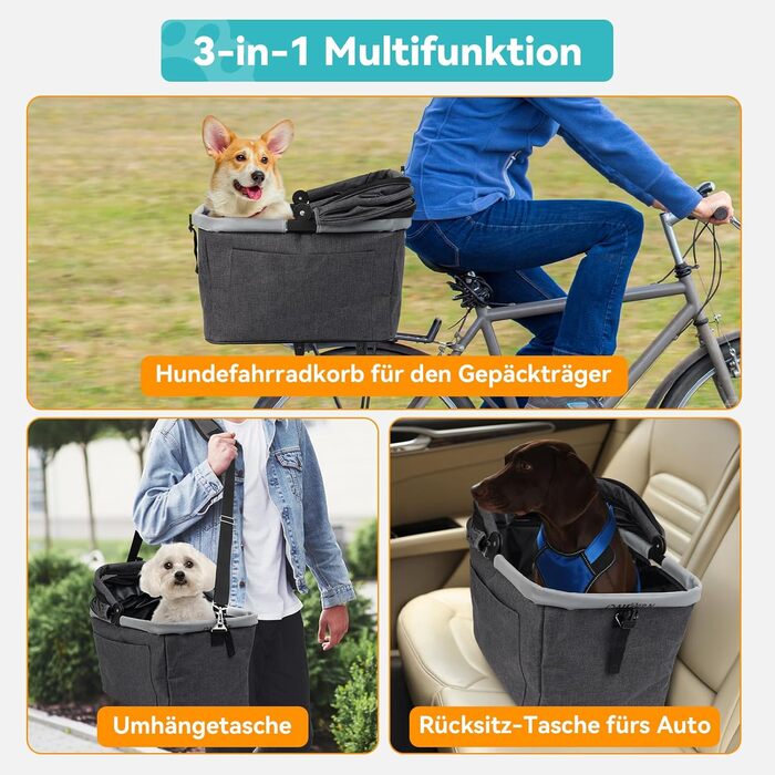 Кошик для велосипеда для собак до 12 кг, кріплення на багажник, металевий каркас, швидкознімний, сітчасте вікно, м'яке сидіння, світловідбиваючі смуги, складний, для міських велосипедів